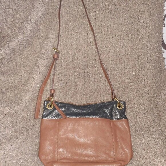 FOSSIL-Keely-Bucket Crossbody/Shoulder-Brown/Black Glitter Leather-Near Mint - Picture 1 of 6
